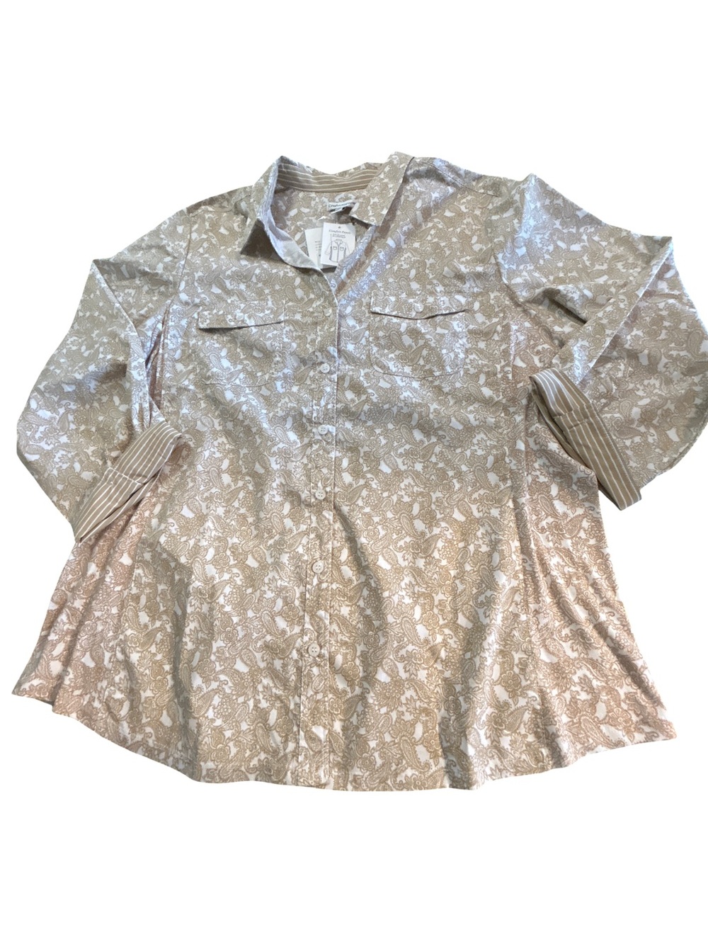 NWT Croft & Barrow Tan Paisley EarthyComfort Panel Stretch Shirt 1X Cottagecore